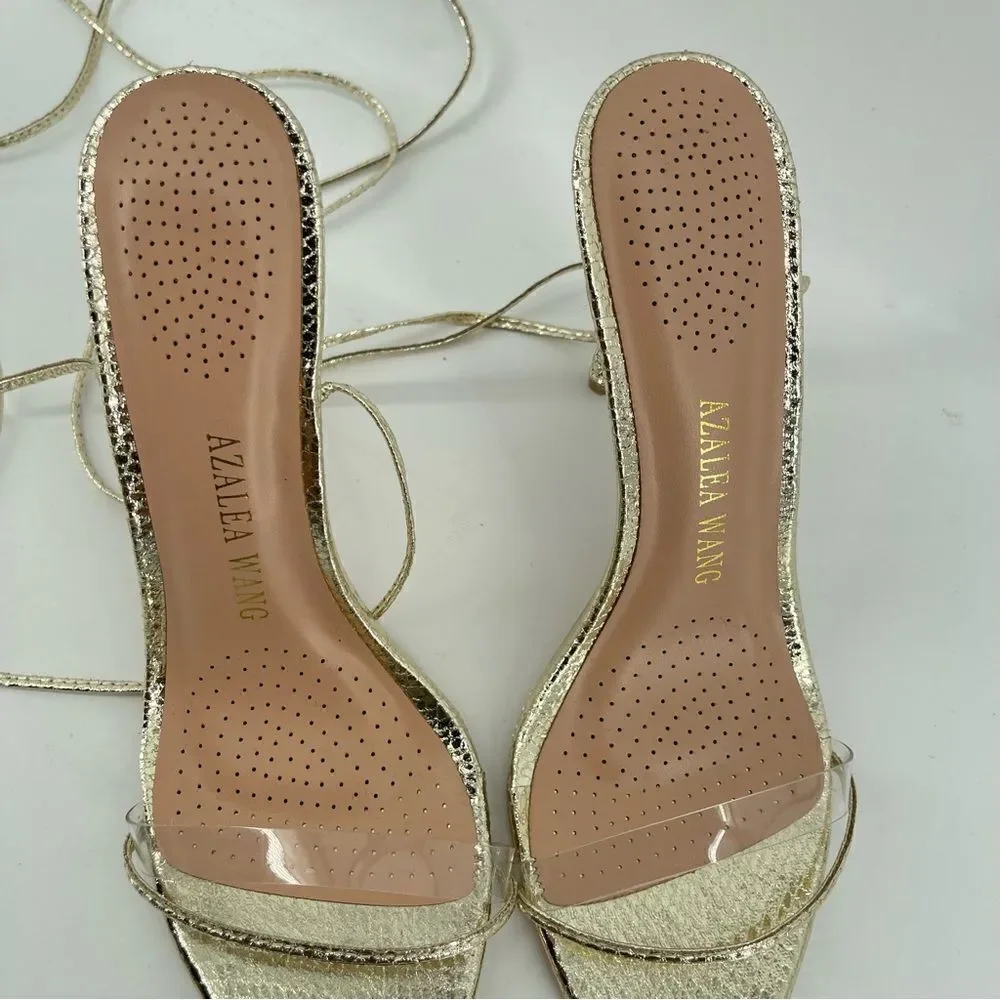 Azalea Wang Gold Clear Strap Lace Up Stiletto Heels Embossed Wrap Sandals 8.5